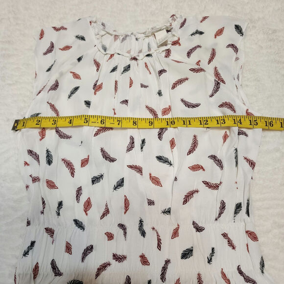 H&M Feather Pattern Crinkle Elastic Waist Cap Sleeve Dress, White, 6 - Picture 3 of 7